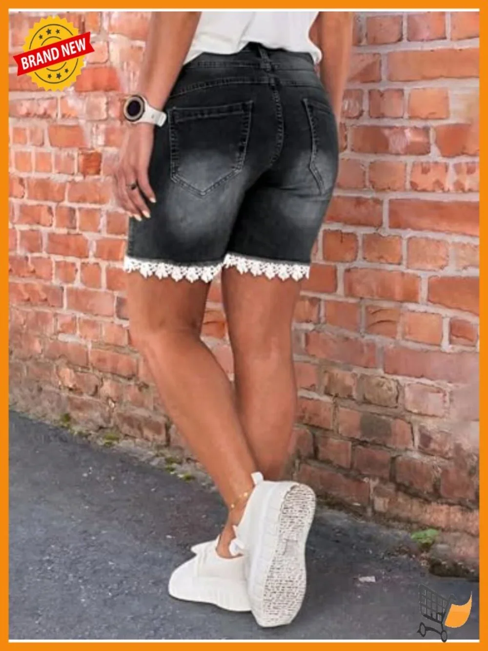 Mid Waist Bermuda Denim Shorts with Lace Trim Stretchy